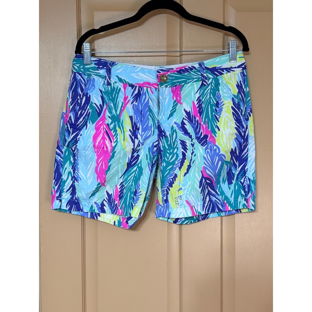 Lilly Pulitzer Jayne Shorts Blue Pink Feather Print Size 4 Preppy Resortwear